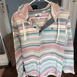 VISSLA Men’s Striped Cowl Pullover Hoodie in Pink, Blue & Cream